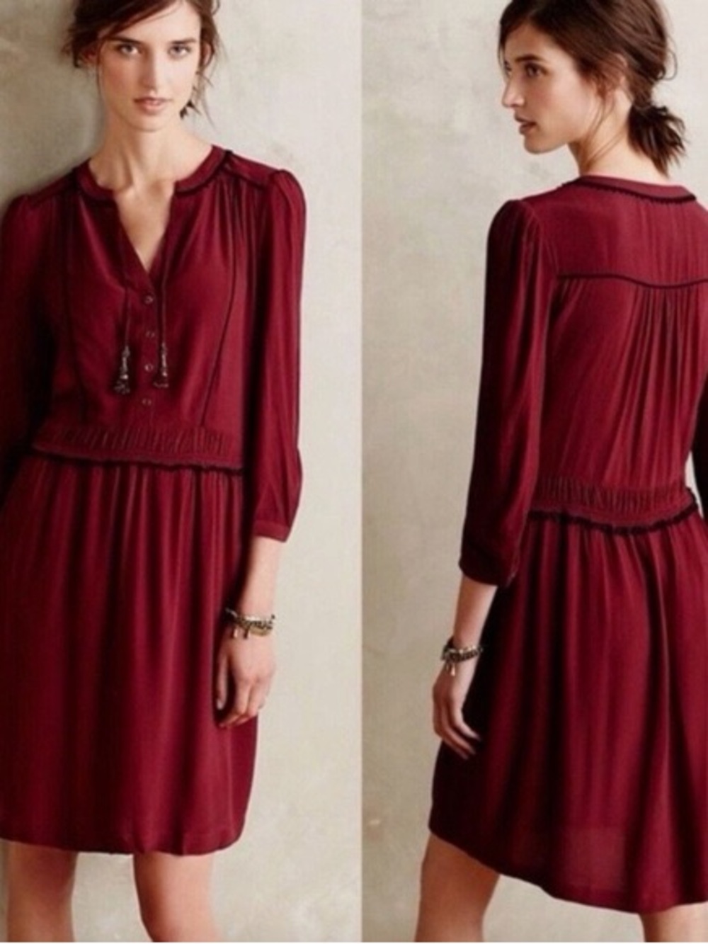 Maeve by Anthropologie Womens Burgundy Long-Sleeve Tie-Neck Dress Medium